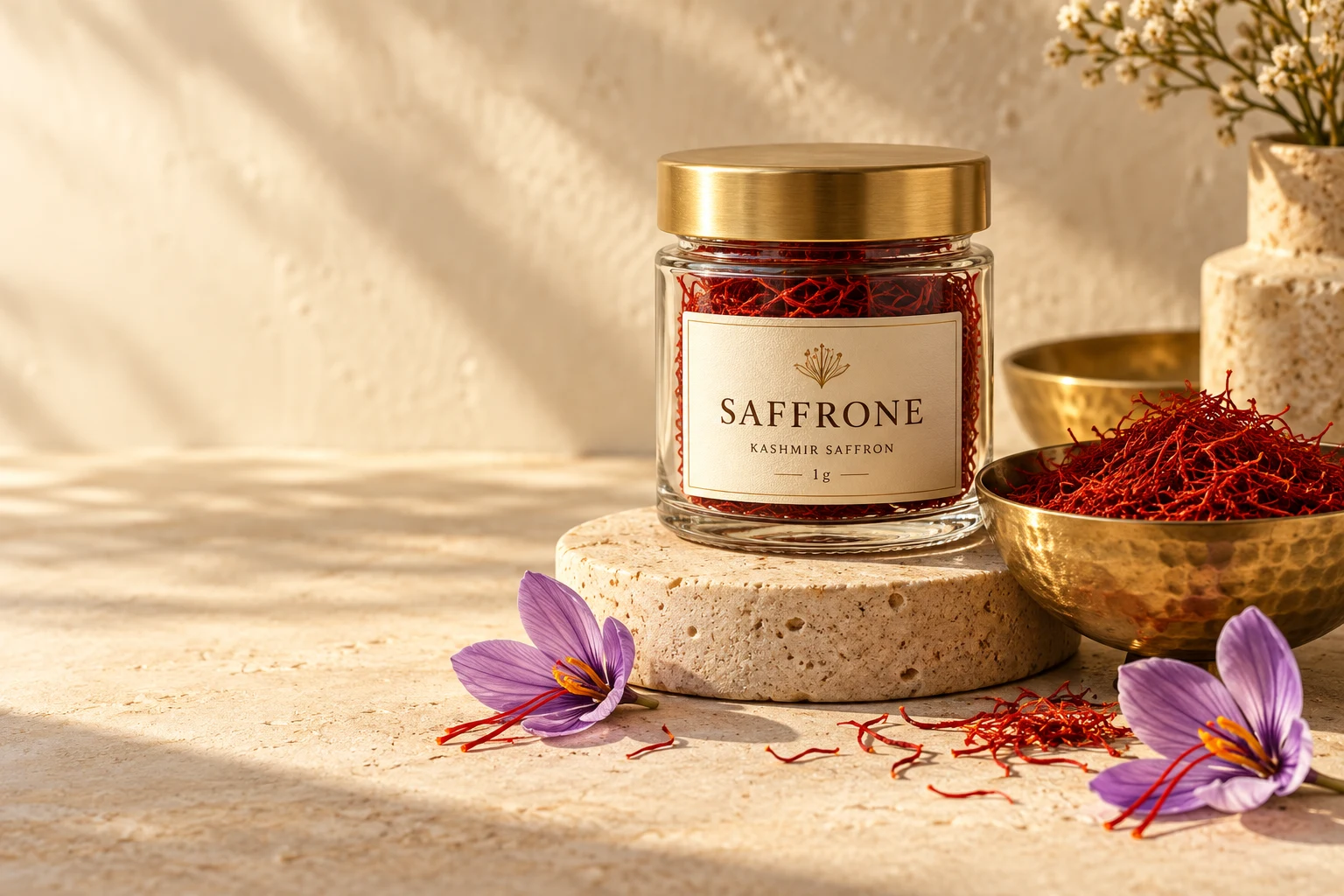 Saffrone saffron jar with a golden lid, crimson threads in a brass bowl, and delicate purple crocus flowers